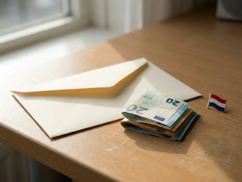 Loonstrook envelop met eurobiljetten en Nederlandse vlagpenspeld op houten bureau, zachte natuurlijke belichting.