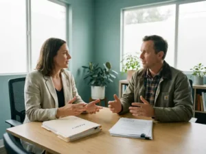 Uitzendbureau-consultant in gesprek met arbeidsmigrант aan modern bureau met bedrijfsdocumenten, kantoor met natuurlijk Noord-Nederlands licht.