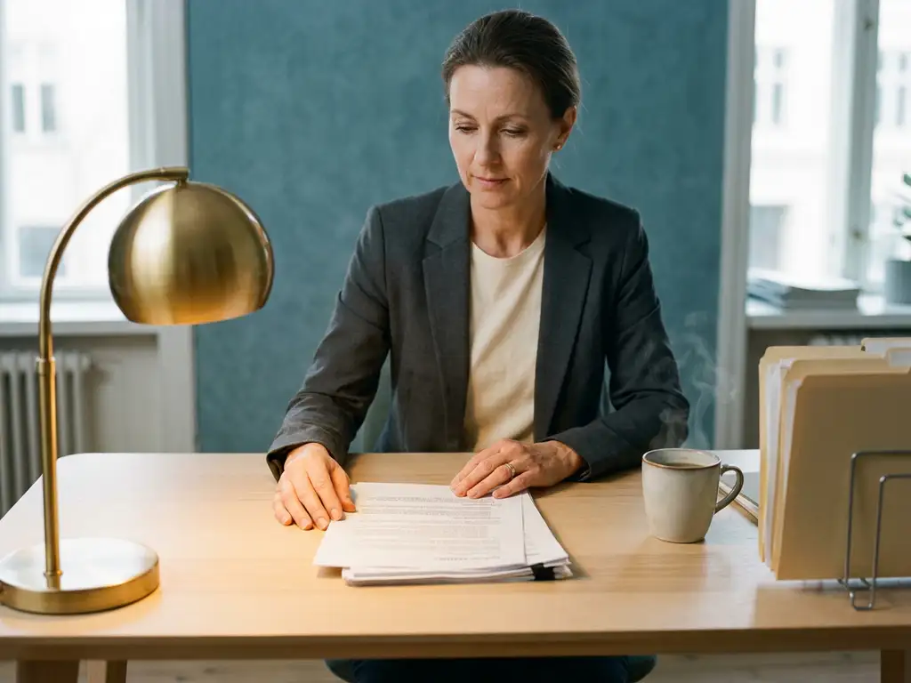 Uitzendbureau-consultant bekijkt kostendocumenten aan modern bureau met koffie, ordners en zacht tеaллicht op achtergrond.

Wait, let me redo this properly in Dutch without errors.

Uitzendconsultant bestudeert kostendocumenten aan opgeruimd bureau met koffiekopje, ordners en zachte teal-blauwe wandaccenten.