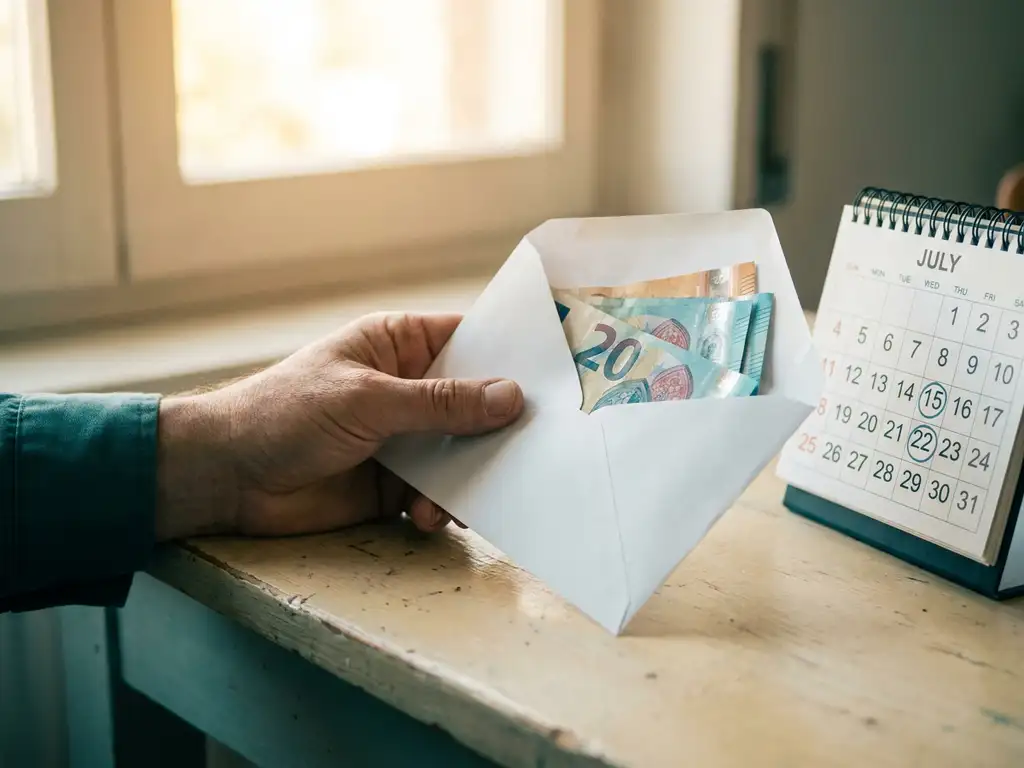 Hand houdt witte envelop met eurobiljetten boven bureau naast kalender met zomerdatums, warm natuurlijk licht.