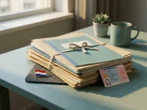 Stapel officiële documenten en verblijfsvergunning op modern bureau, met een klein Nederlands vlaggetje ernaast.