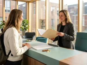 FlexExpert consultant overhandigt welkomstmap aan internationale medewerker bij receptiebalie in Groningen, met officiële documenten en huissleutel.