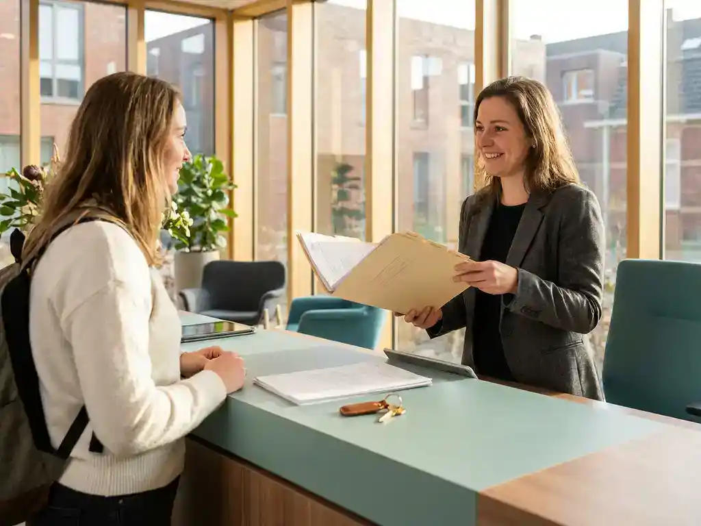 FlexExpert consultant overhandigt welkomstmap aan internationale medewerker bij receptiebalie in Groningen, met officiële documenten en huissleutel.