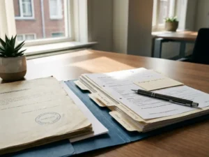 Open werkgeversregistratiemap op kantoorbureau met officieel gestempeld document, pen en kleine plant in Groningen.