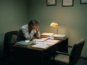 Gestresste werkgever aan rommelig bureau met ongetekende contracten en lege stoel, verlicht door warm bureaulamp.