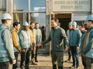 Diverse groep gemotiveerde werknemers in veiligheidsvesten bij een moderne Noord-Nederlandse bouwplaatsingang, verwelkomd door een consultant in ochtendlicht.