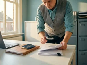 Recruitmentconsultant bekijkt werkvergunningsdocumenten aan modern bureau met paspoort en gestempelde map in Groningen.