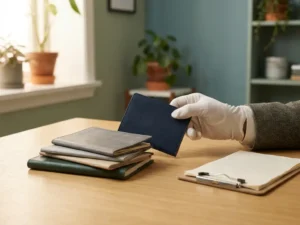 Professionele hand die een paspoort controleert naast gestapelde identiteitsdocumenten en werkvergunningen op een bureau.