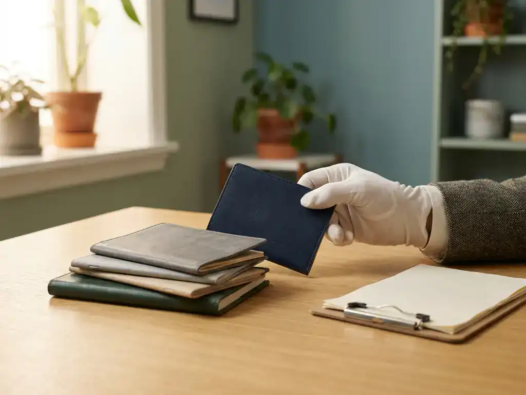 Professionele hand die een paspoort controleert naast gestapelde identiteitsdocumenten en werkvergunningen op een bureau.