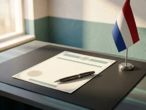 Werkvergunning op modern bureau naast Nederlandse vlag en pen, verlicht door natuurlijk raamlicht.