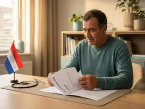 Arbeidsmigrант aan bureau in Groningen met Nederlands zorgverzekeringsdocument, klein Nederlandse vlag en stethoscoop zichtbaar.