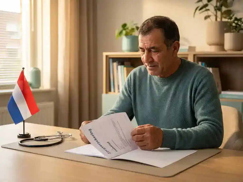 Arbeidsmigrант aan bureau in Groningen met Nederlands zorgverzekeringsdocument, klein Nederlandse vlag en stethoscoop zichtbaar.