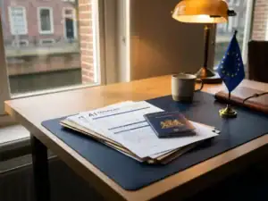 A1-verklaring naast Nederlands paspoort en EU-vlag op bureau van uitzendbureau in Groningen.