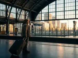 Arbeidsmigrант op Nederlands treinstation met rolkoffer, uitkijkend naar stadssilhouet door grote glasramen in warm ochtendlicht.