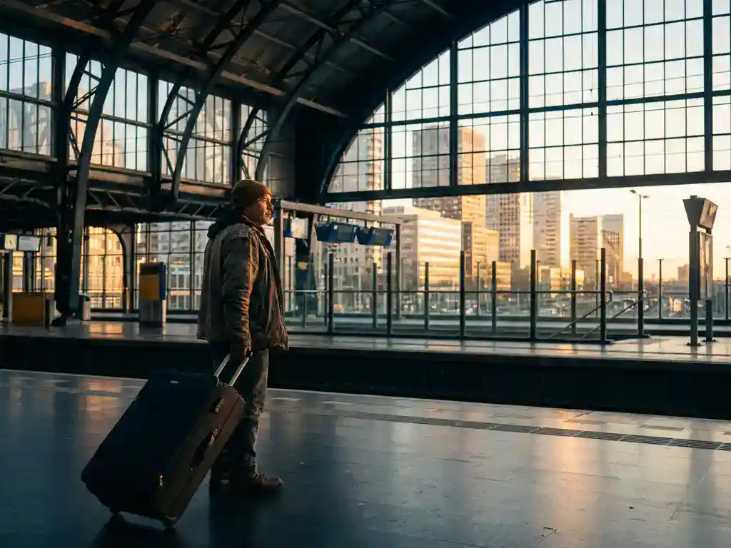 Arbeidsmigrант op Nederlands treinstation met rolkoffer, uitkijkend naar stadssilhouet door grote glasramen in warm ochtendlicht.