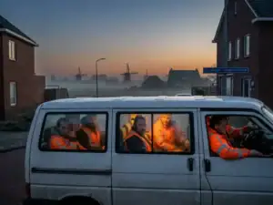 Arbeidsmigranten in oranje hesjes vertrekken bij dageraad in een volle minibus vanuit een Groningse woonstraat, met windmolens in de mistige verte.