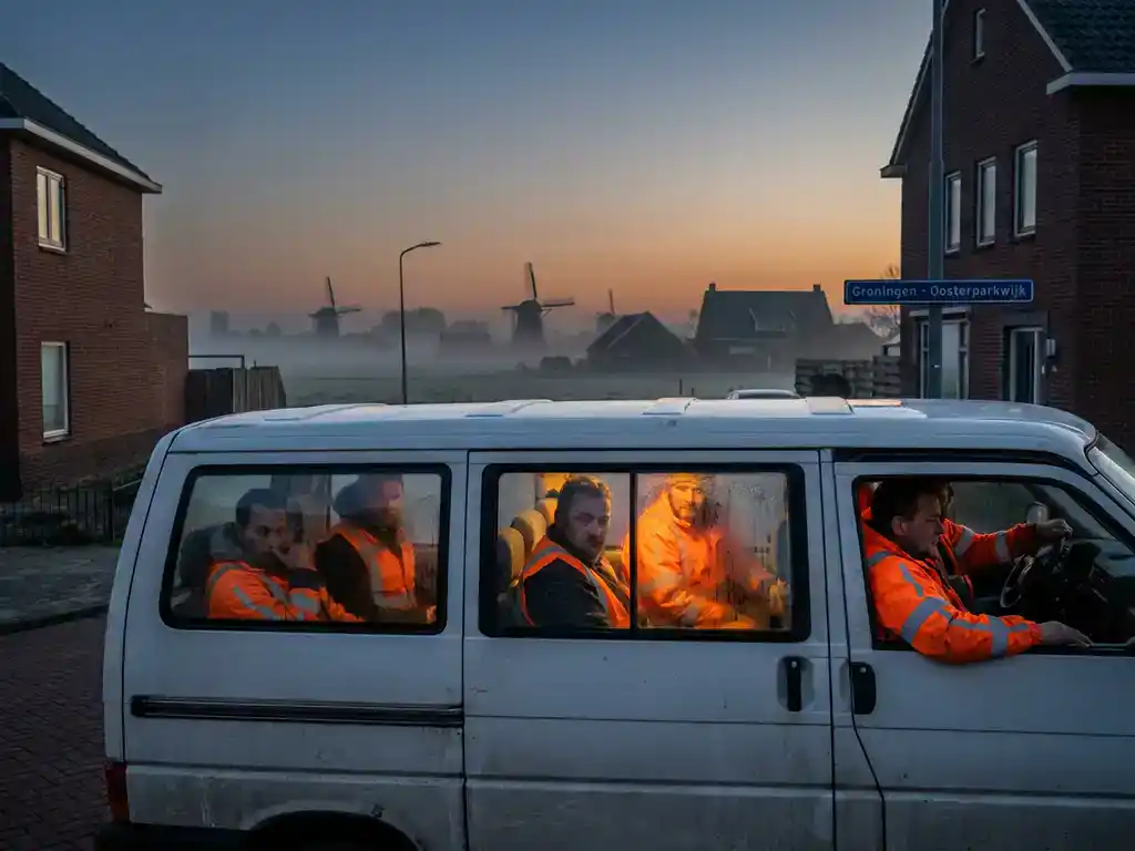 Arbeidsmigranten in oranje hesjes vertrekken bij dageraad in een volle minibus vanuit een Groningse woonstraat, met windmolens in de mistige verte.