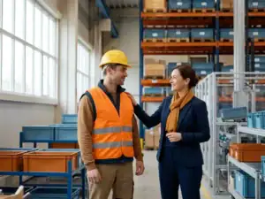Arbeidsmigrант in veiligheidshelm en hesje naast recruiter in modern Nederlands magazijn met warm noordelijk daglicht.