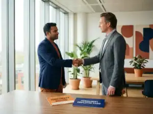 Arbeidsmigrант in pak geeft hand aan Nederlandse manager in modern kantoor, tijdelijke badge en vaste medewerkerkaart op bureau.