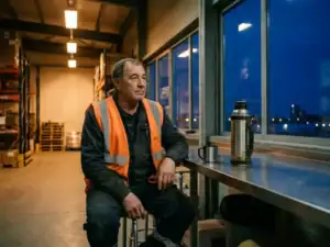 Arbeidsmigrант in veiligheidsvest rust uit aan metalen tafel in verlicht nachtmagazijn, thermos koffie naast hem.