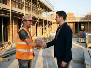 Bouwvakker in oranje veiligheidsvest en helm geeft hand aan recruiter in marineblauw jasje op actieve bouwplaats met steigers.
