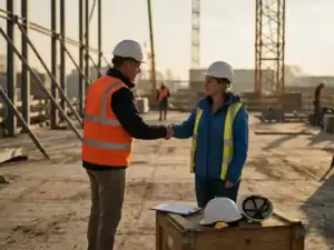 Buitenlandse werknemer en Nederlandse uitvoerder schudden handen op industriële bouwplaats in Nederland, veiligheidsvesten en helmen zichtbaar.