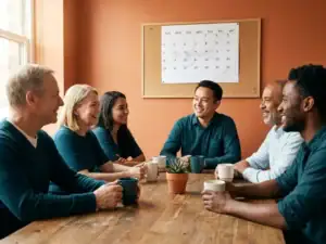 Diverse collega's rond een pauzetafel met koffie en plant, handgeschreven kalender op terracottamuur, warm natuurlijk licht.