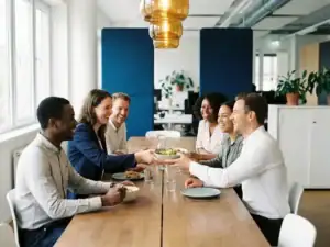 Collega's lachen samen aan een lunchtafel in een modern Nederlands kantoor, terwijl iemand eten doorgeeft.