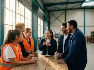 Diverse magazijnmedewerkers genieten van een pauze in een modern Nederlands industrieel pand, warm oranjebruin licht, teamgevoel.