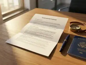 Meertalig arbeidscontract op een modern bureau naast een kompas, pen en paspoort, verlicht door warm zijdelings raamlicht.