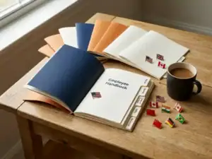 Meertalige personeelshandboeken opengeslagen op een lichte eikenhouten bureau, met nationale vlaggenspeldjes en een kop koffie ernaast.
