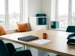 Opgeruimd bureau met gesloten loonadministratiemap, gesorteerde documenten en terracotta koffiemok in modern Gronings kantoor.