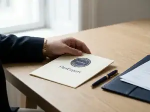 Werkgever bekijkt SNF/SNA-gecertificeerd document op modern bureau met pen en map in navy en goud.