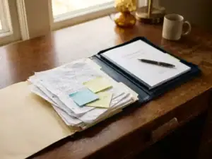 Eiken bureau met twee open mappen: rommelige sollicitatiebrieven versus één verzorgd professioneel dossier met pen, in warm noordelijk licht.