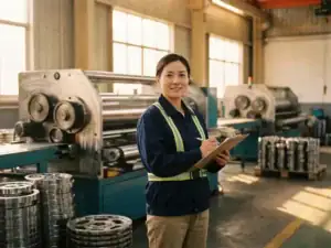 Technicus in werkkleding bekijkt klembord op industriële werkvloer met precisie-machines en stalen componenten op de achtergrond.