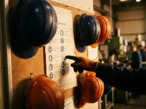 Meertalig veiligheidsinstructieblad op industrieel prikbord, omringd door marineblauwe en oranje helmen, hand met werkhandschoen wijst naar diagram.