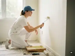 Beginnende schilder rolt witte verf op een binnenmuur, met een verfbak, kwasten en roller op een beschermingsdoek in zacht daglicht.