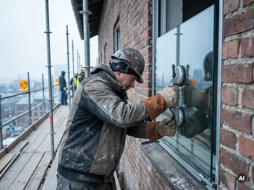 Glazenier plaatst groot glasraam in kozijn op bouwplaats, met leren handschoenen en zuignap, bakstenen muur op achtergrond.