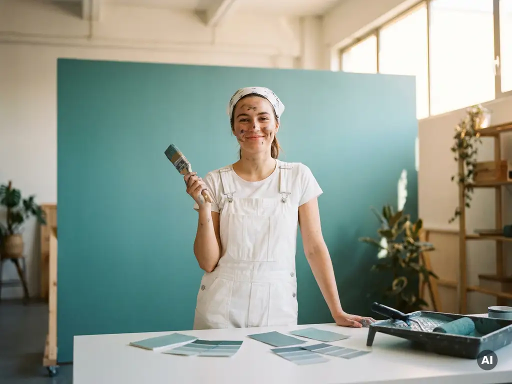 Jonge schilder in witte overall met verfkwast voor een gladde teal-geschilderde muur, omgeven door kleurstalen in teal en grijsblauw.