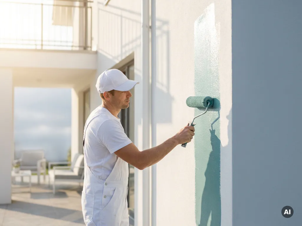 Schilder in witte overall die teal-blauwe verf aanbrengt op een witte buitenmuur met een brede roller in ochtendlicht.