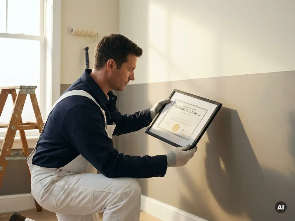 Vakman in witte overall inspecteert certificeringsdocument naast vers geschilderde muur in crème en grijstinten.