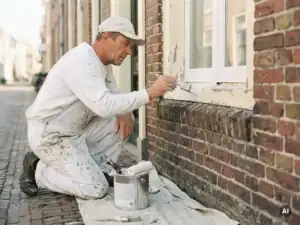 Vakman schildert verweerd houten kozijn van klassiek Nederlands bakstenen pand wit, verfroller en open blik op doek in daglicht.