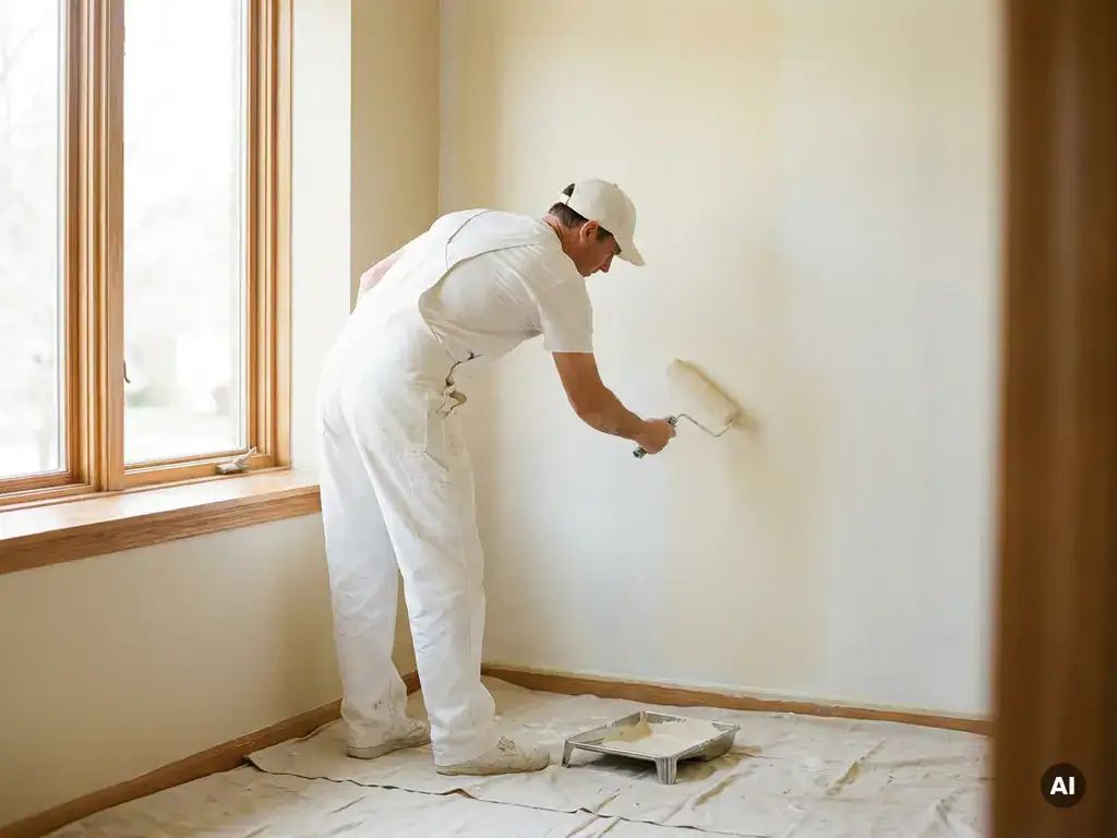 Schilder in witte overall rolt crèmekleurige verf op een binnenmuur bij natuurlijk daglicht.