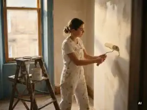 Jonge schildersleerling in verfbespatte witte overall rolt crèmekleurige verf op een vers gepleisterde muur, houten trapladder en verfblik nabij.