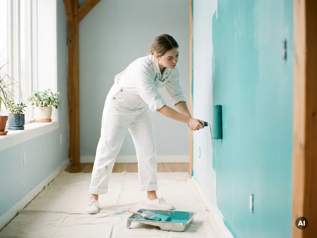 Jonge schildersleerling in witte overall die teal verf aanbrengt op een muur met een roller, natuurlijk daglicht.