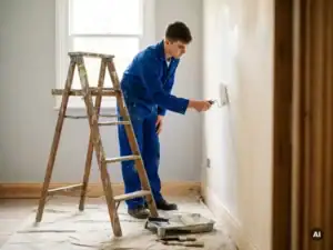 Jonge schildersleerling die witte verf aanbrengt op een gepleisterde binnenmuur, met houten trapladder en verfroller op een beschermzeil.