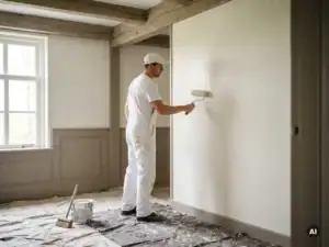 Schilder in witte overall die met een verfroller een gladde laag muurverf aanbrengt in een licht Nederlands interieur.