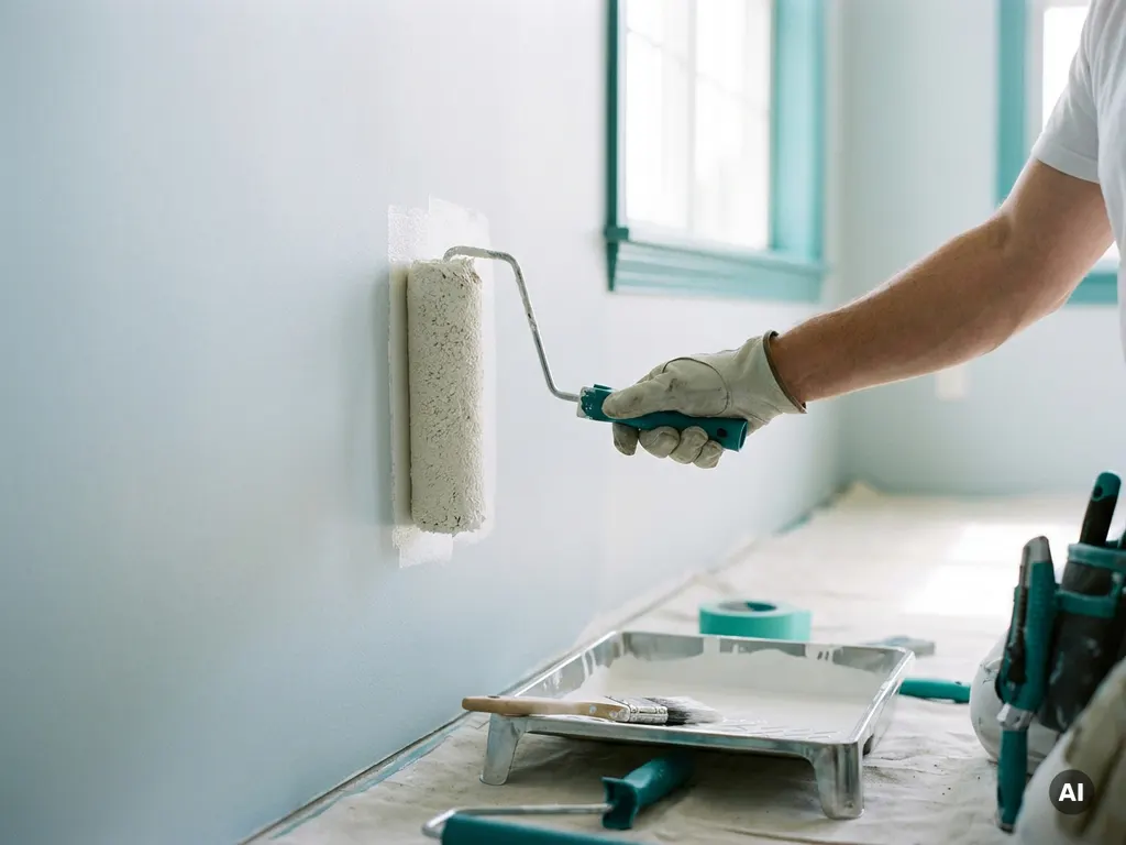 Professionele schilder rolt witte verf op muur met roller, verfbak op voorgrond, lichte werkruimte met teal accenten.