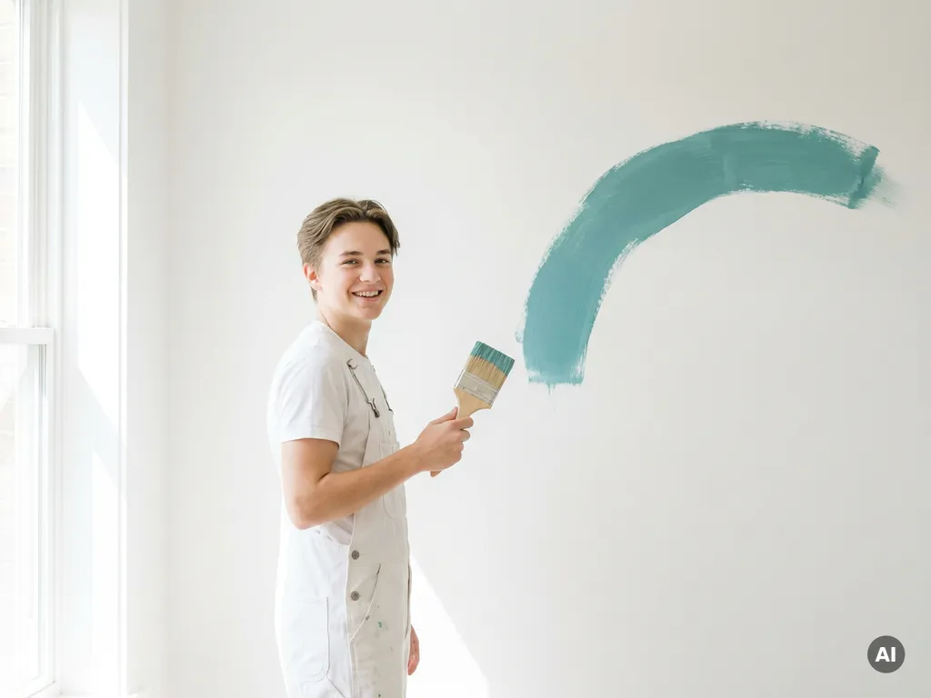 Jonge schilder in witte overall met brede kwast voor een witte muur met verse teal verfstreek in natuurlijk daglicht.