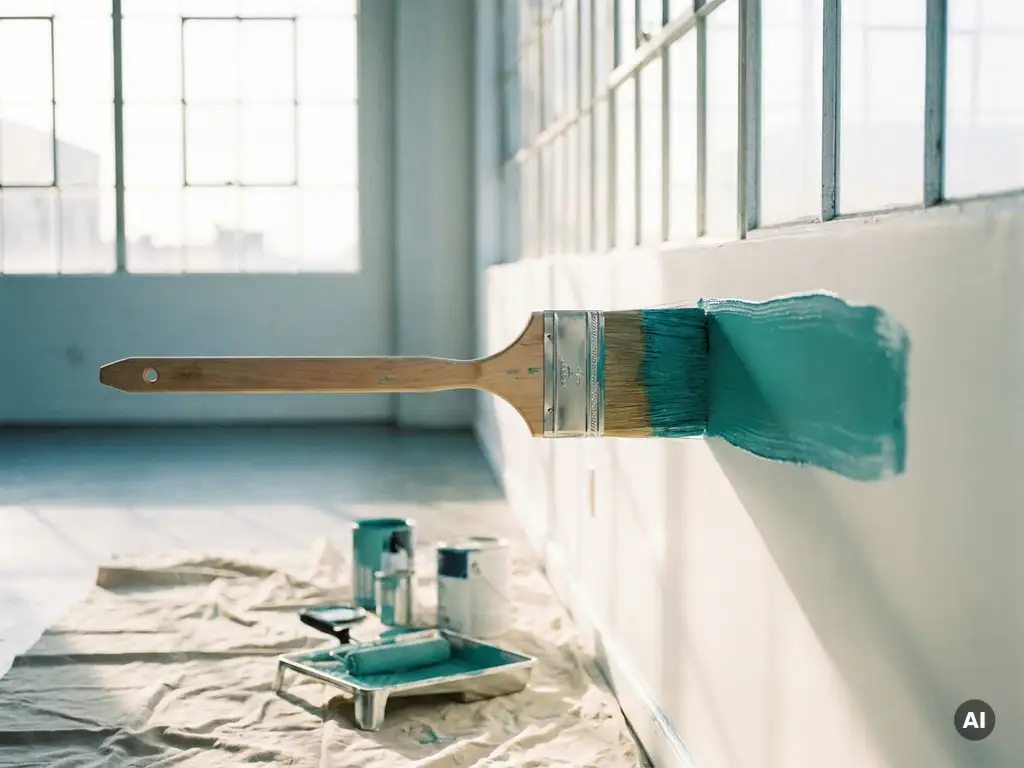 Brede verfkwast die teal verf aanbrengt op witte muur, met dropcloth en verfbak op de vloer in lichte kamer met grote ramen.